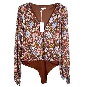 BTFL-life Brown Floral Wrap V-Neck Long Sleeve Body Suit Blouse XL
